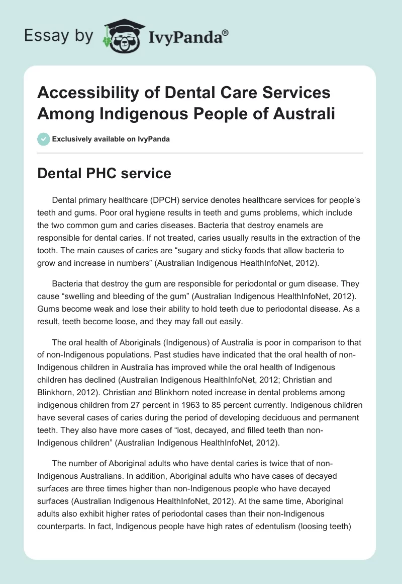 Accessibility of Dental Care Services Among Indigenous People of Australi. Page 1