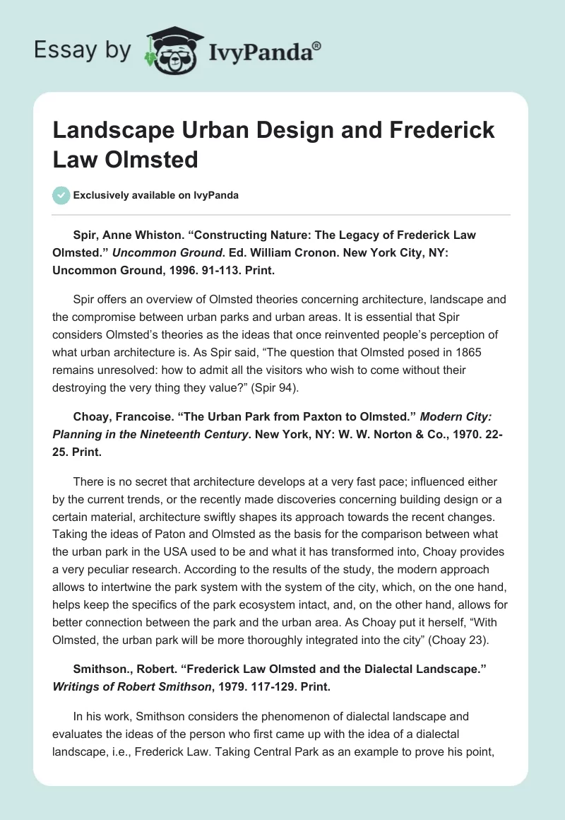 Landscape Urban Design and Frederick Law Olmsted. Page 1