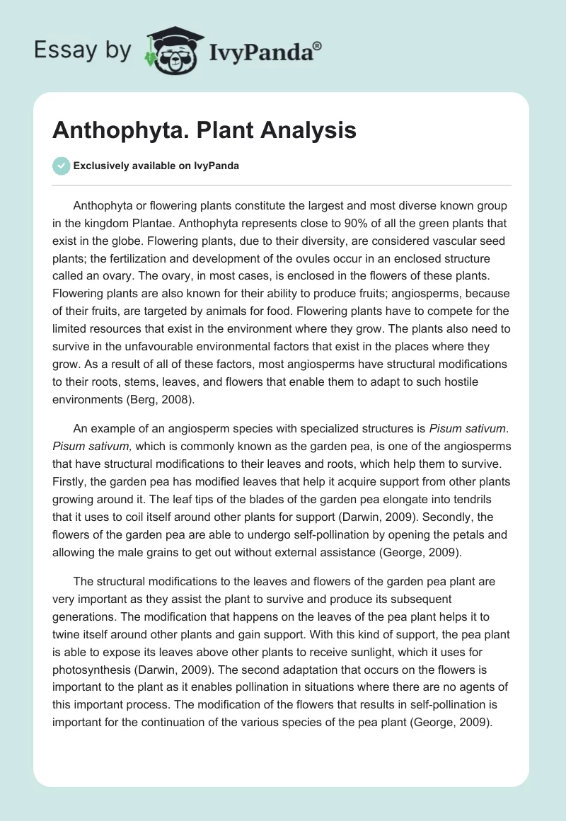 Anthophyta. Plant Analysis. Page 1