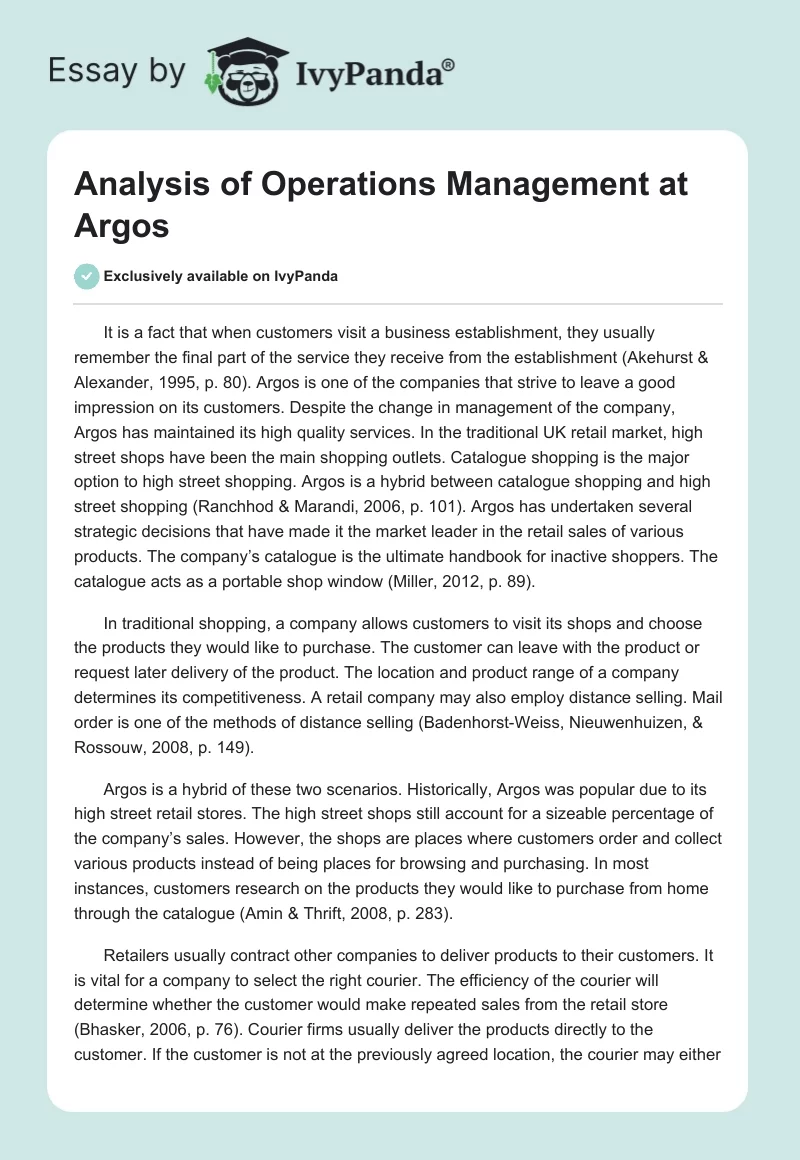 Analysis of Operations Management at Argos. Page 1