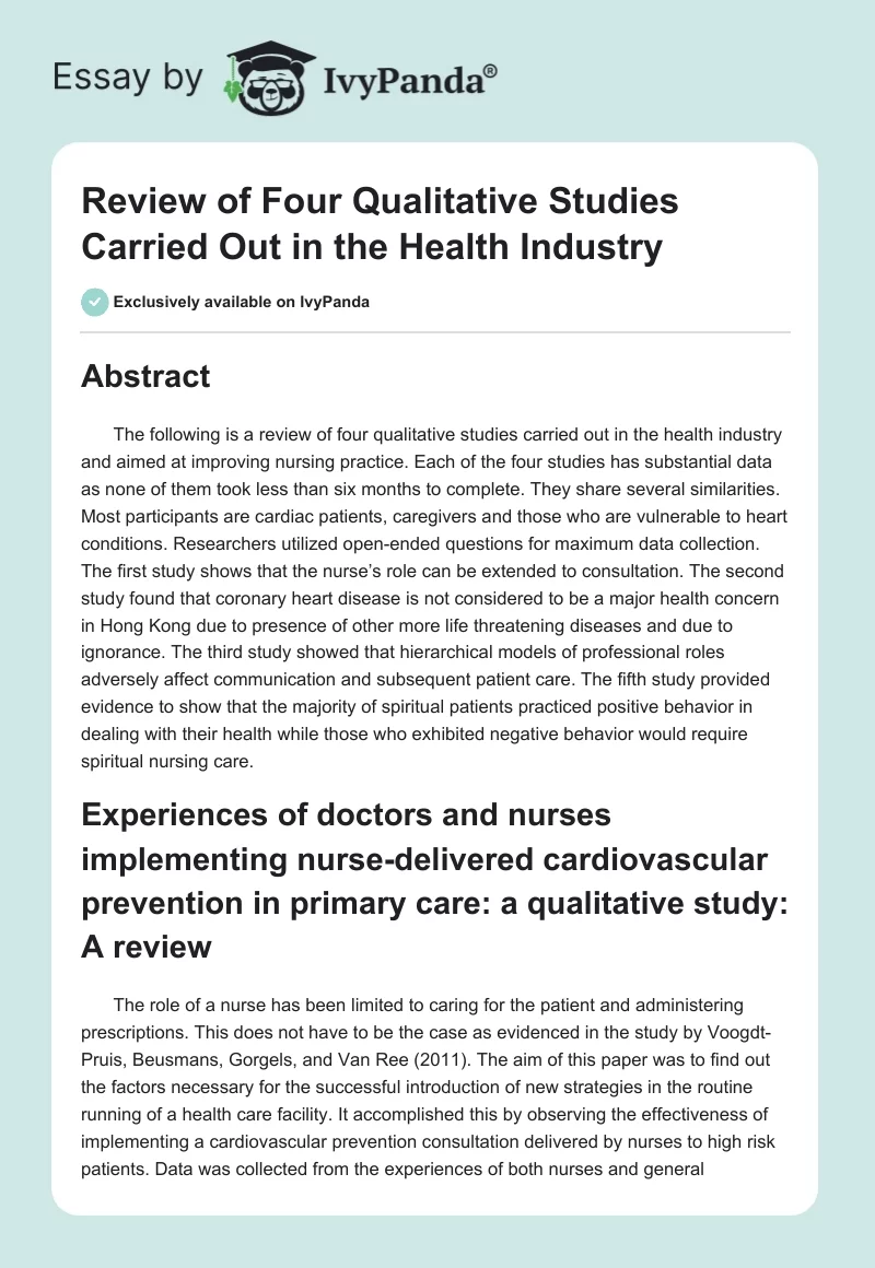 Review of Four Qualitative Studies Carried Out in the Health Industry. Page 1