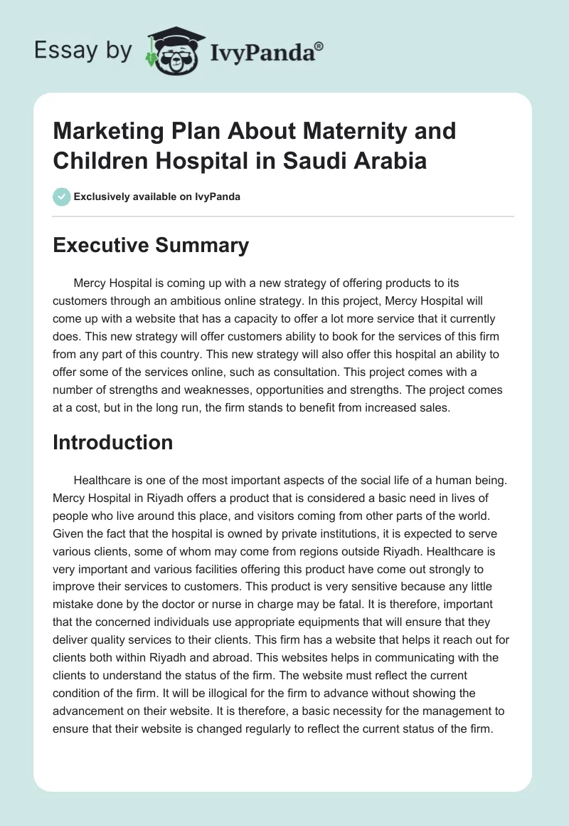 Marketing Plan About Maternity and Children Hospital in Saudi Arabia. Page 1