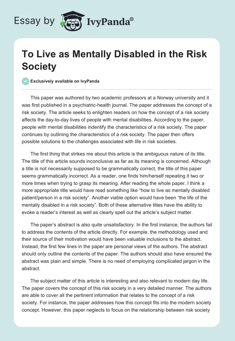 To Live as Mentally Disabled in the Risk Society. Page 1