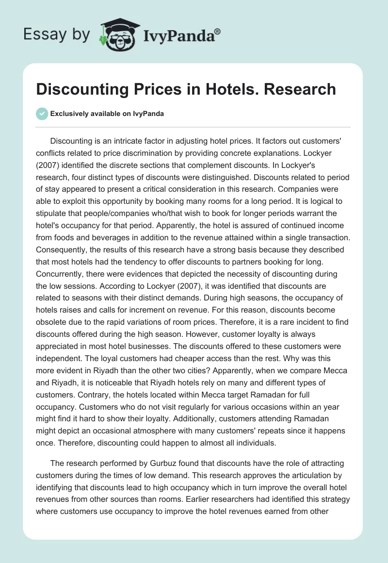 Discounting Prices in Hotels. Research. Page 1