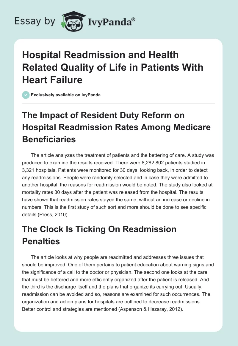 Hospital Readmission and Health Related Quality of Life in Patients With Heart Failure. Page 1