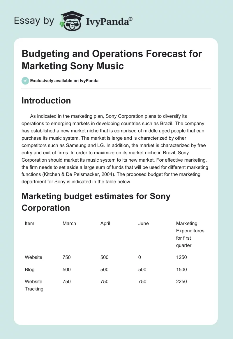 Budgeting and Operations Forecast for Marketing Sony Music. Page 1
