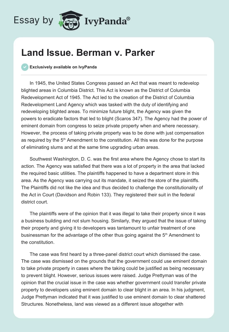Land Issue. Berman v. Parker. Page 1