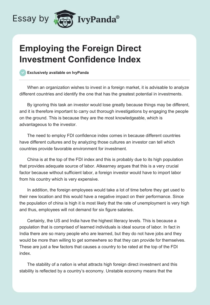 Employing the Foreign Direct Investment Confidence Index. Page 1