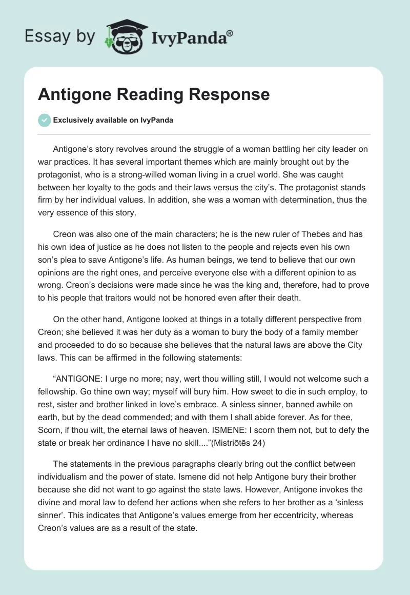 Antigone Reading Response. Page 1