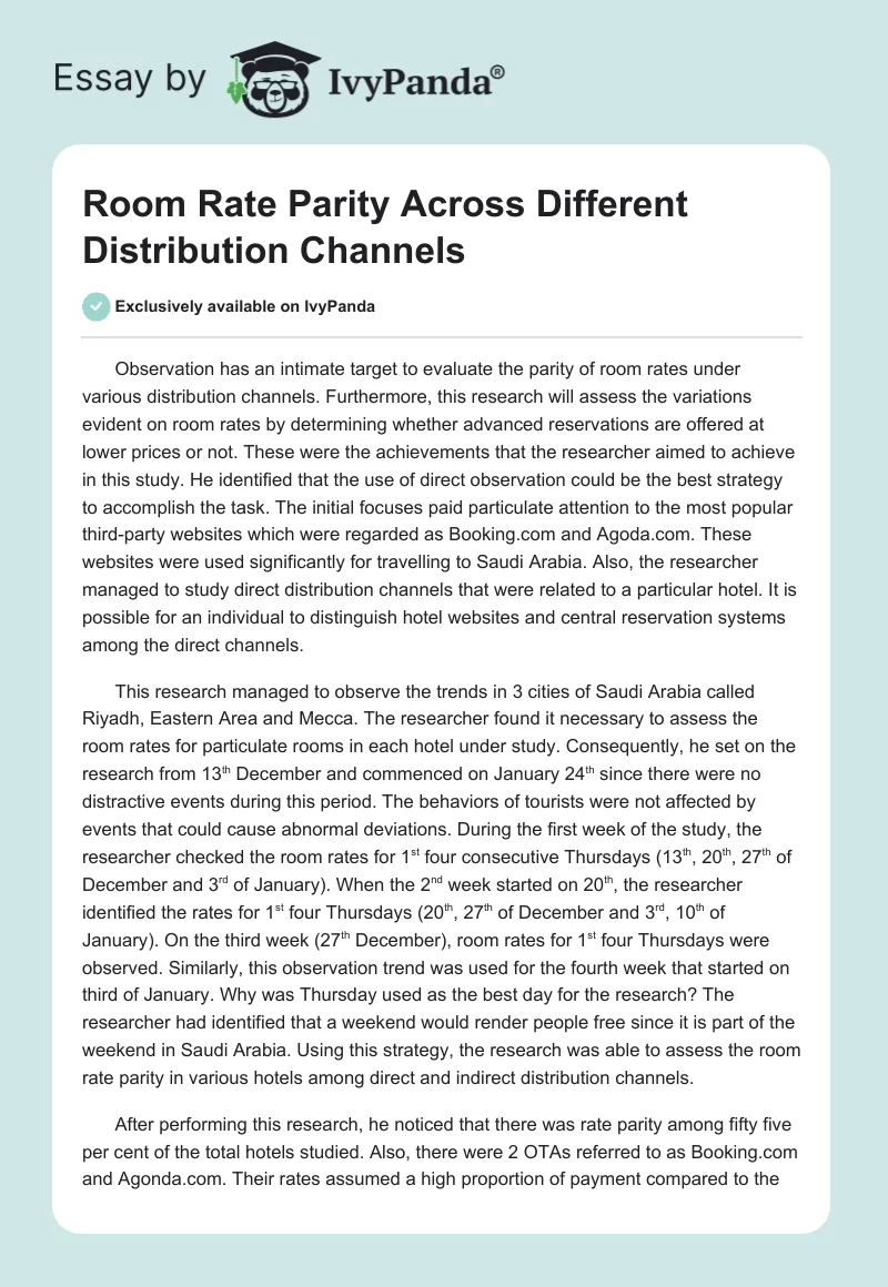 Room Rate Parity Across Different Distribution Channels. Page 1