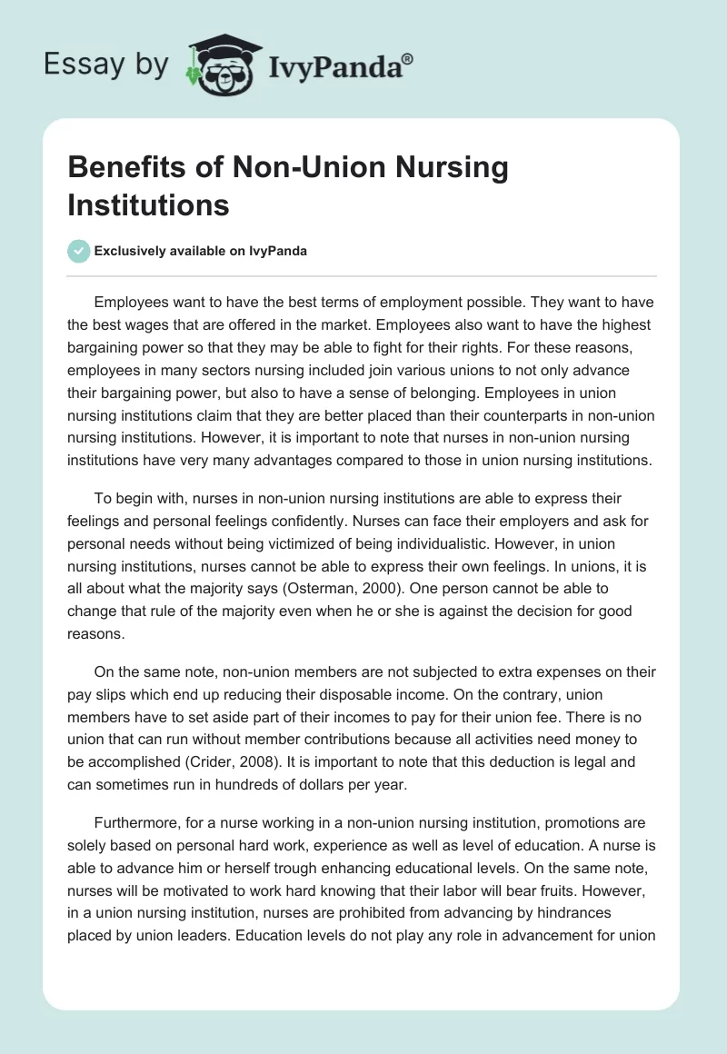 Benefits of Non-Union Nursing Institutions. Page 1