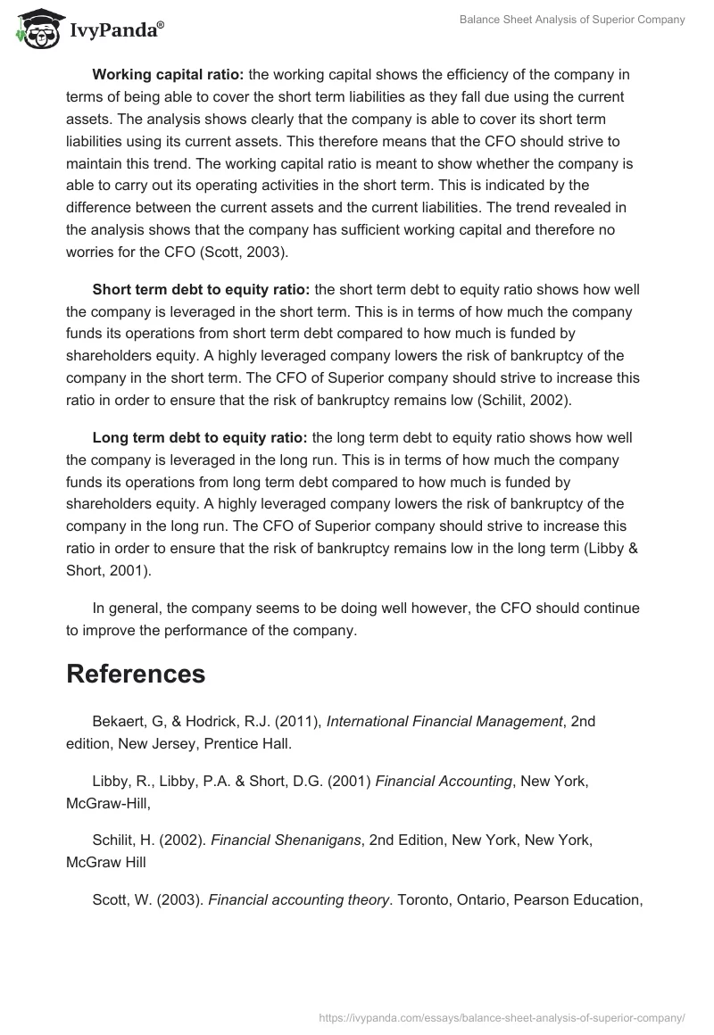 Balance Sheet Analysis of Superior Company. Page 2