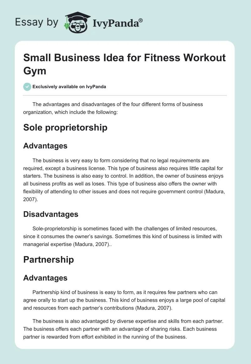 Small Business Idea for Fitness Workout Gym. Page 1