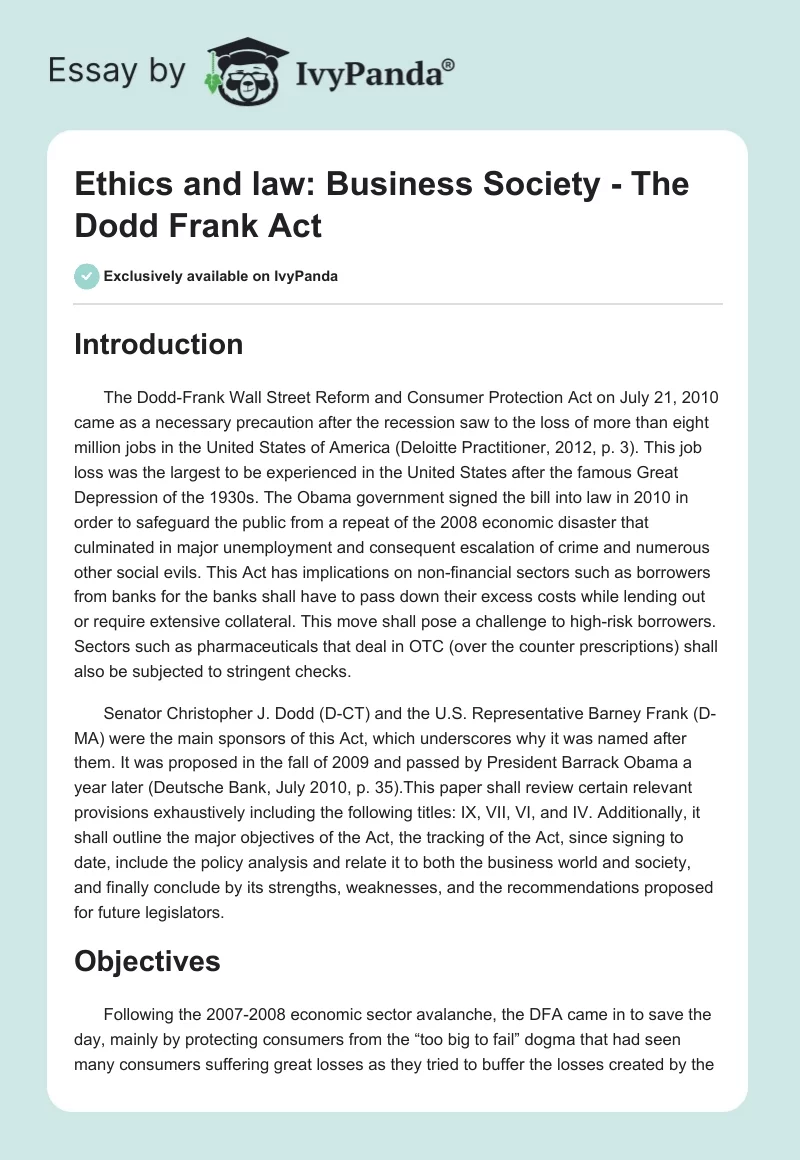 Ethics and law: Business Society - The Dodd Frank Act. Page 1