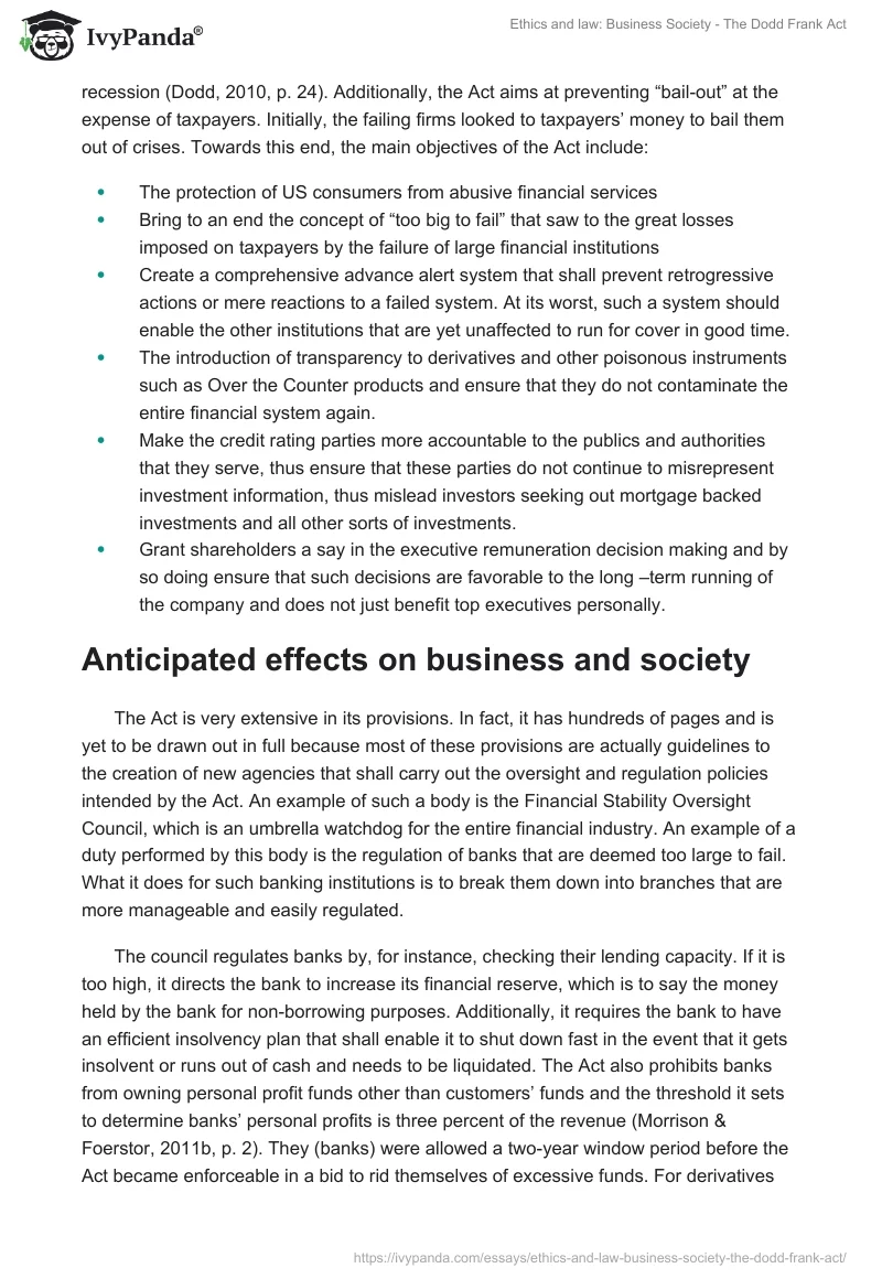 Ethics and law: Business Society - The Dodd Frank Act. Page 2