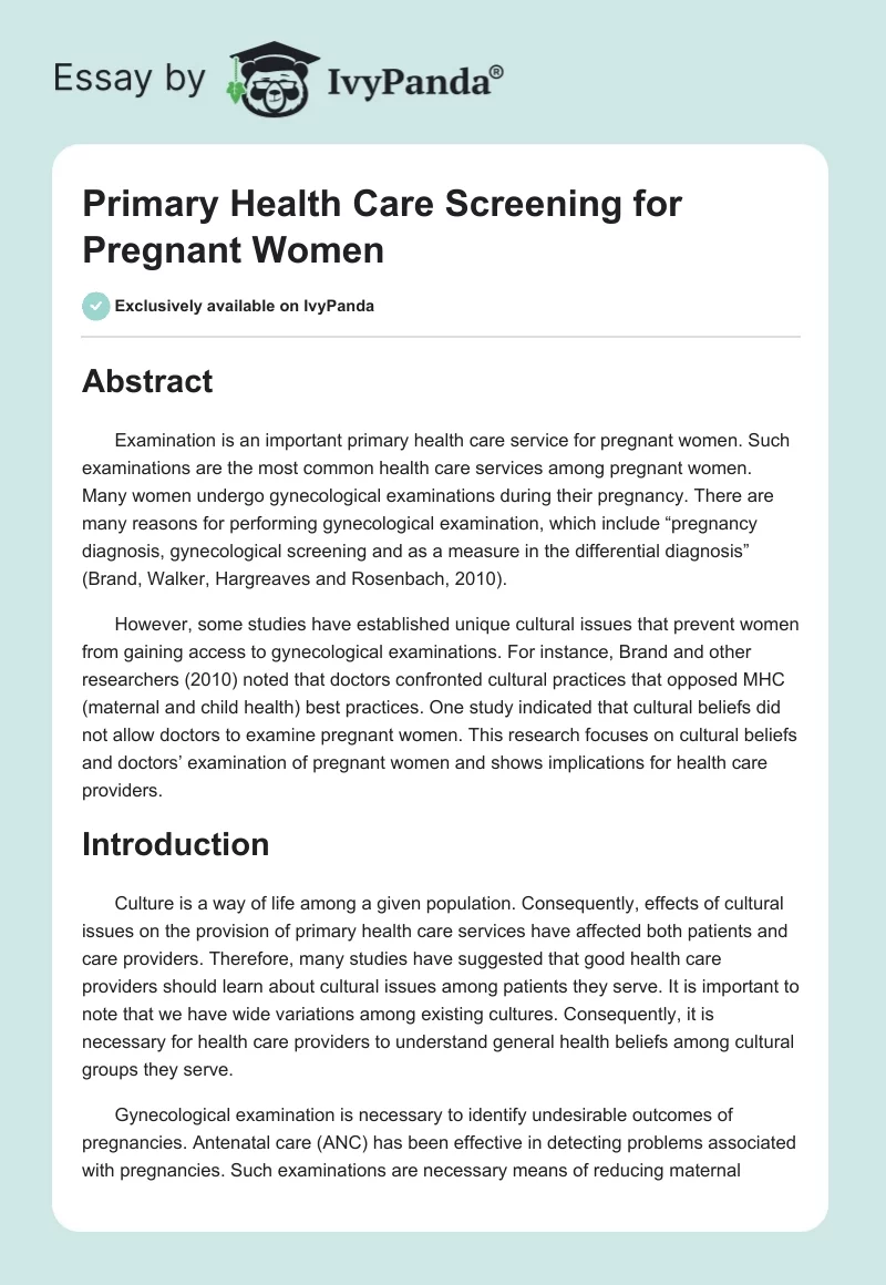 Primary Health Care Screening for Pregnant Women. Page 1