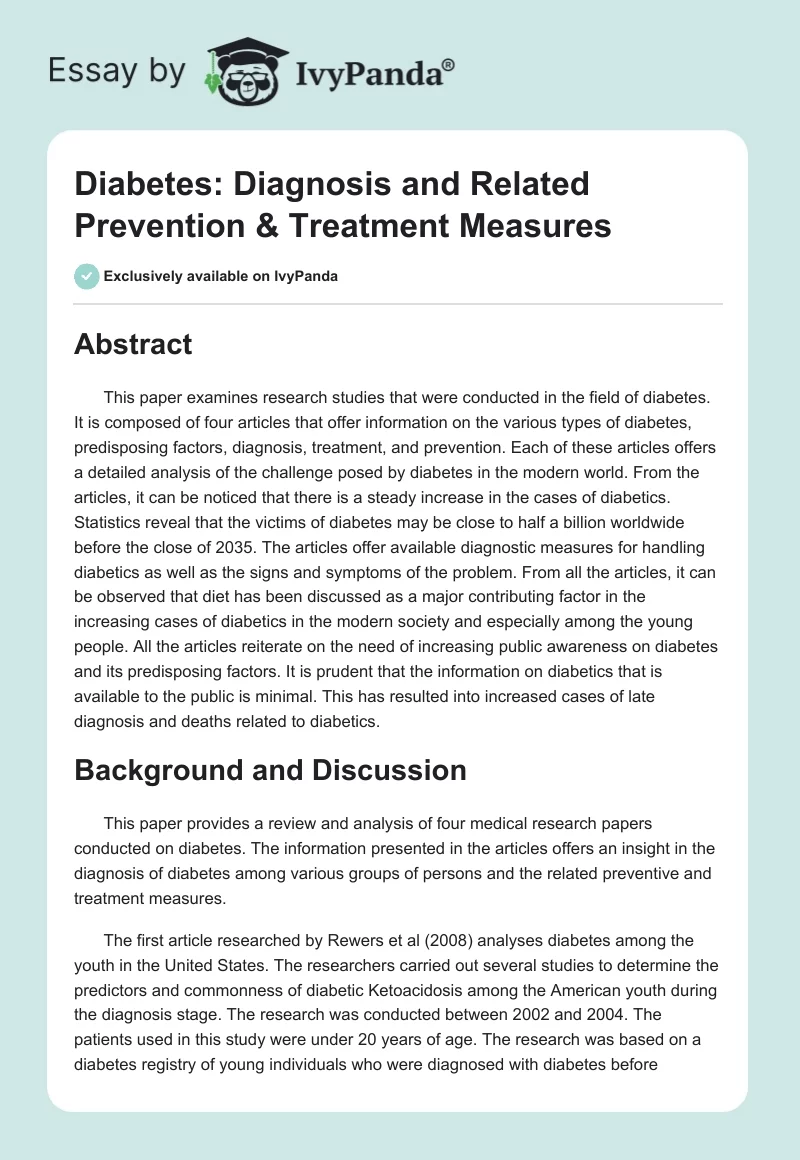 Diabetes: Diagnosis and Related Prevention & Treatment Measures. Page 1