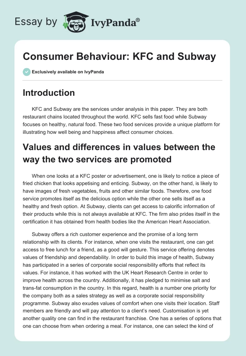 Consumer Behaviour: KFC and Subway. Page 1
