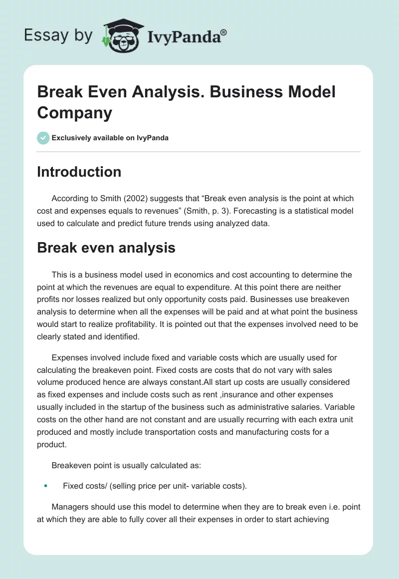 Break Even Analysis. Business Model Company. Page 1