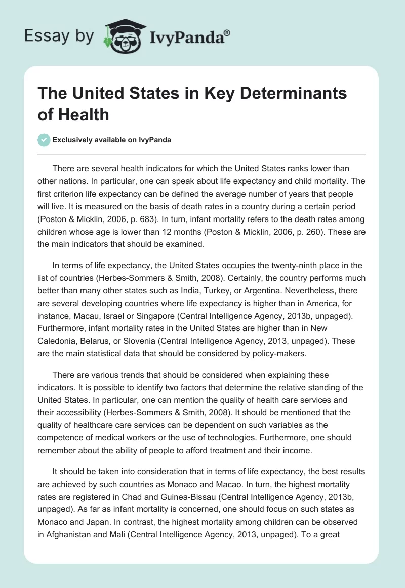 The United States in Key Determinants of Health. Page 1