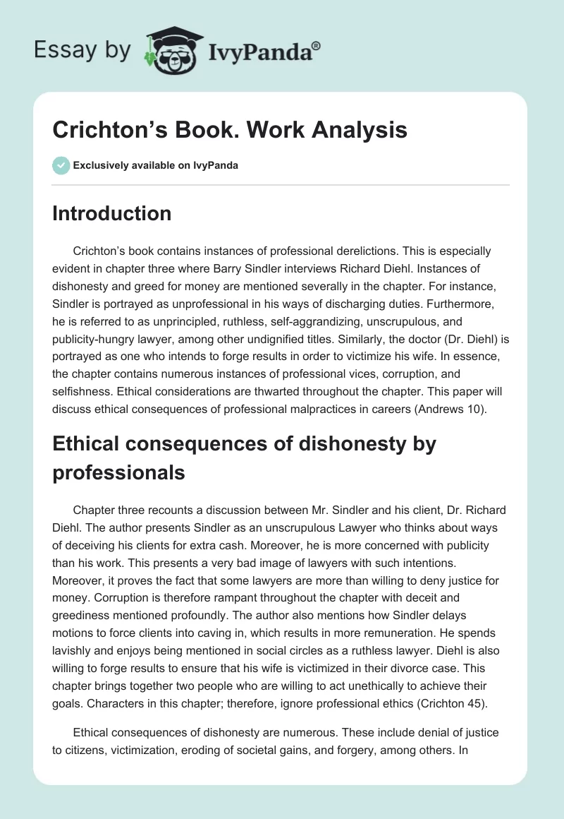 Crichton’s Book. Work Analysis. Page 1