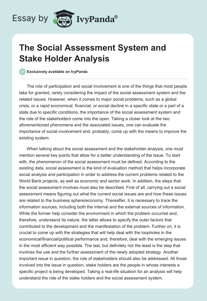 The Social Assessment System and Stake Holder Analysis. Page 1