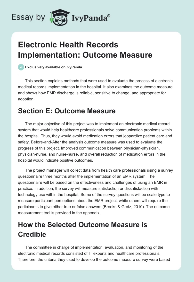 Electronic Health Records Implementation: Outcome Measure. Page 1
