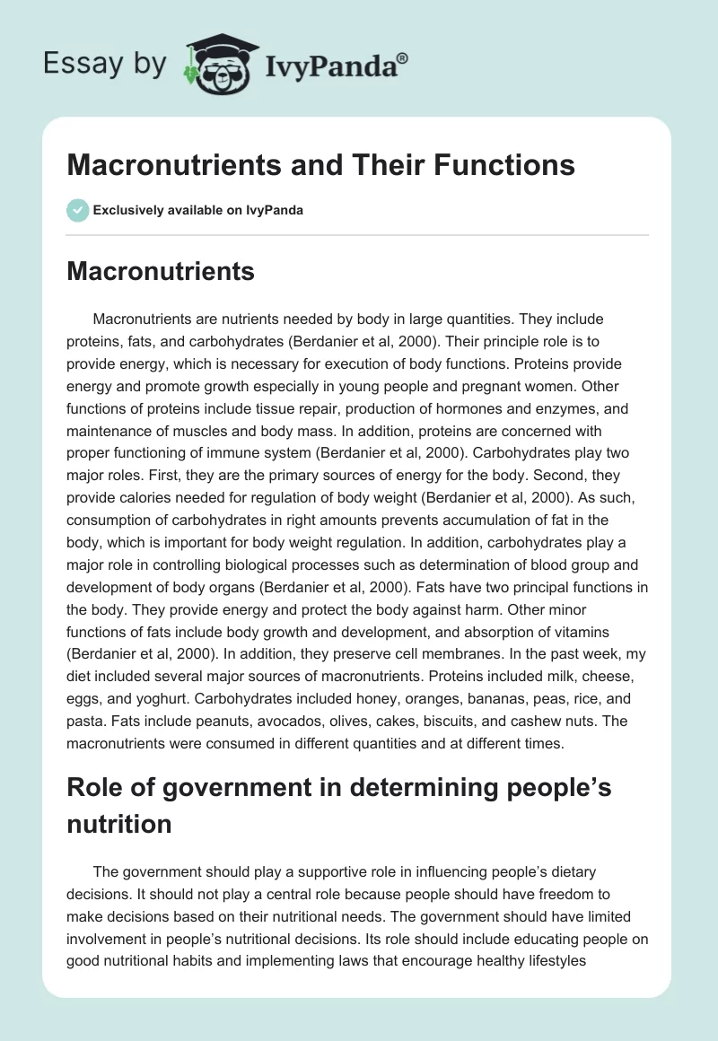 Macronutrients and Their Functions. Page 1