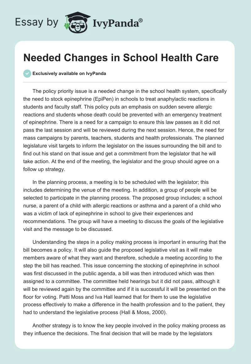 Needed Changes in School Health Care. Page 1