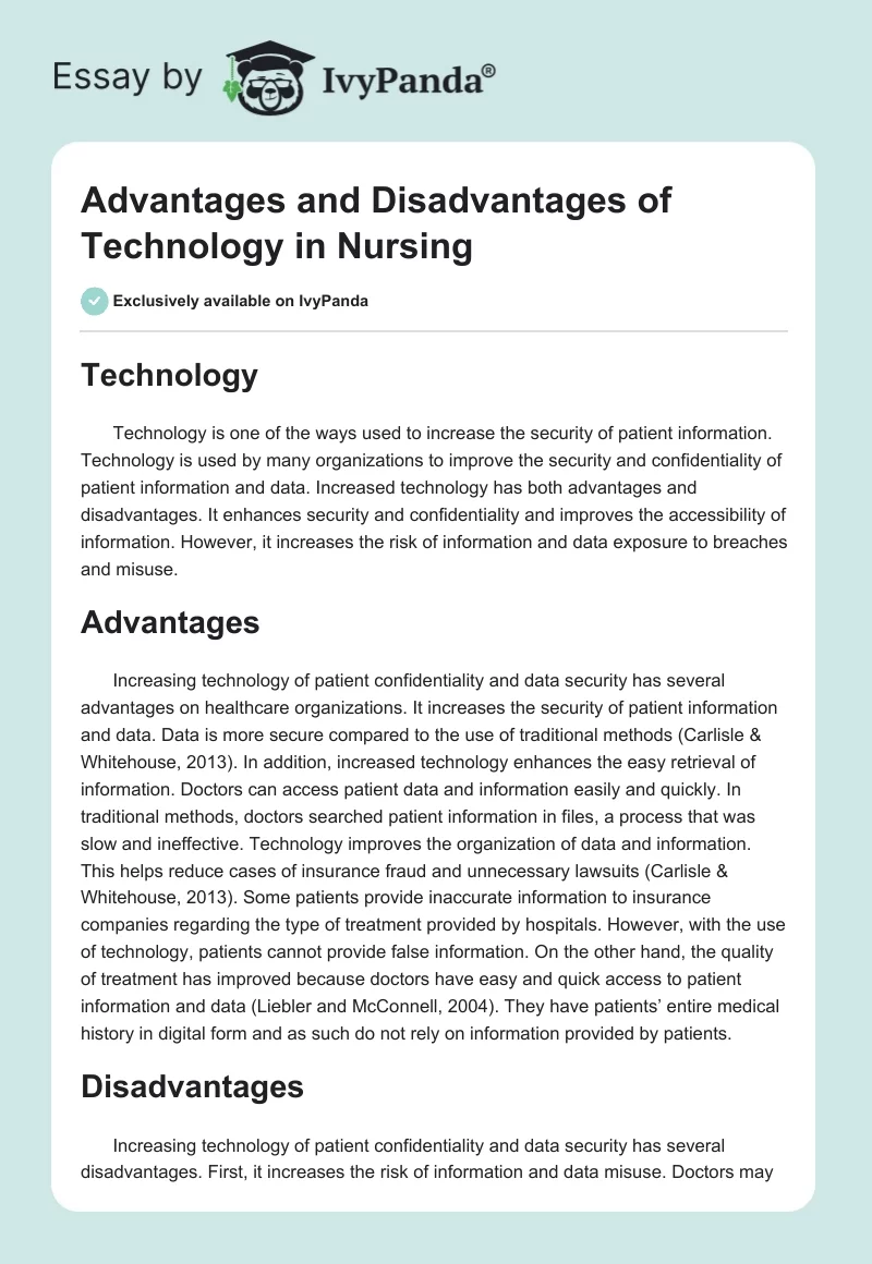 Advantages and Disadvantages of Technology in Nursing. Page 1
