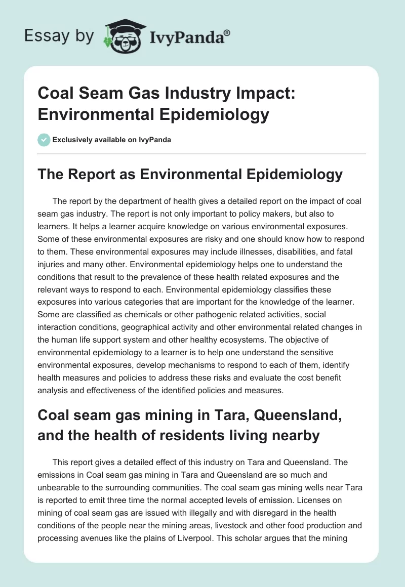Coal Seam Gas Industry Impact: Environmental Epidemiology. Page 1