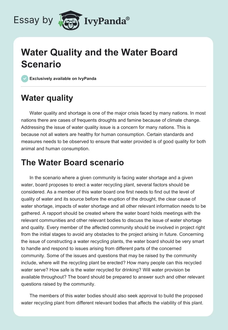 Water Quality and the Water Board Scenario. Page 1