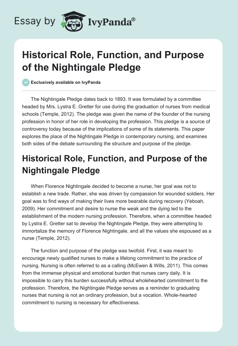Historical Role, Function, and Purpose of the Nightingale Pledge. Page 1