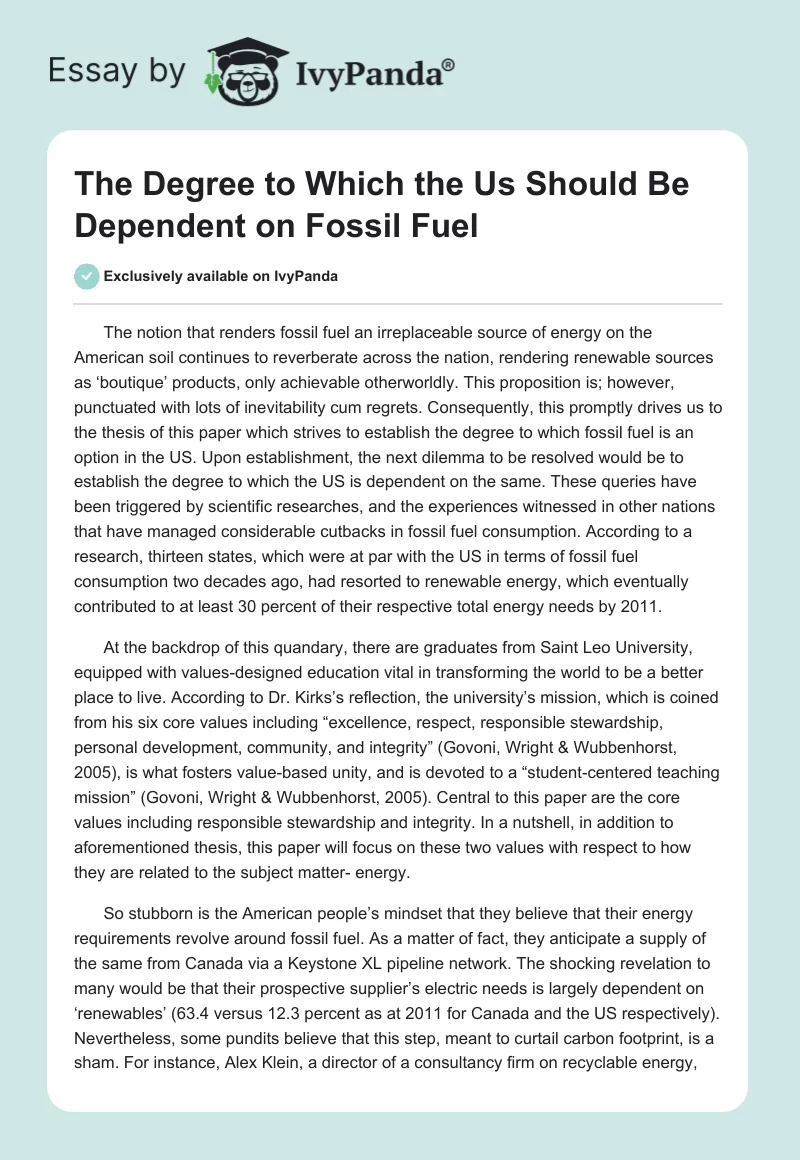 The Degree to Which the Us Should Be Dependent on Fossil Fuel. Page 1