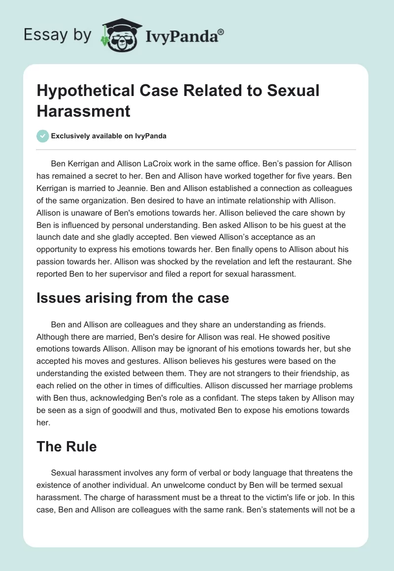 Hypothetical Case Related to Sexual Harassment. Page 1