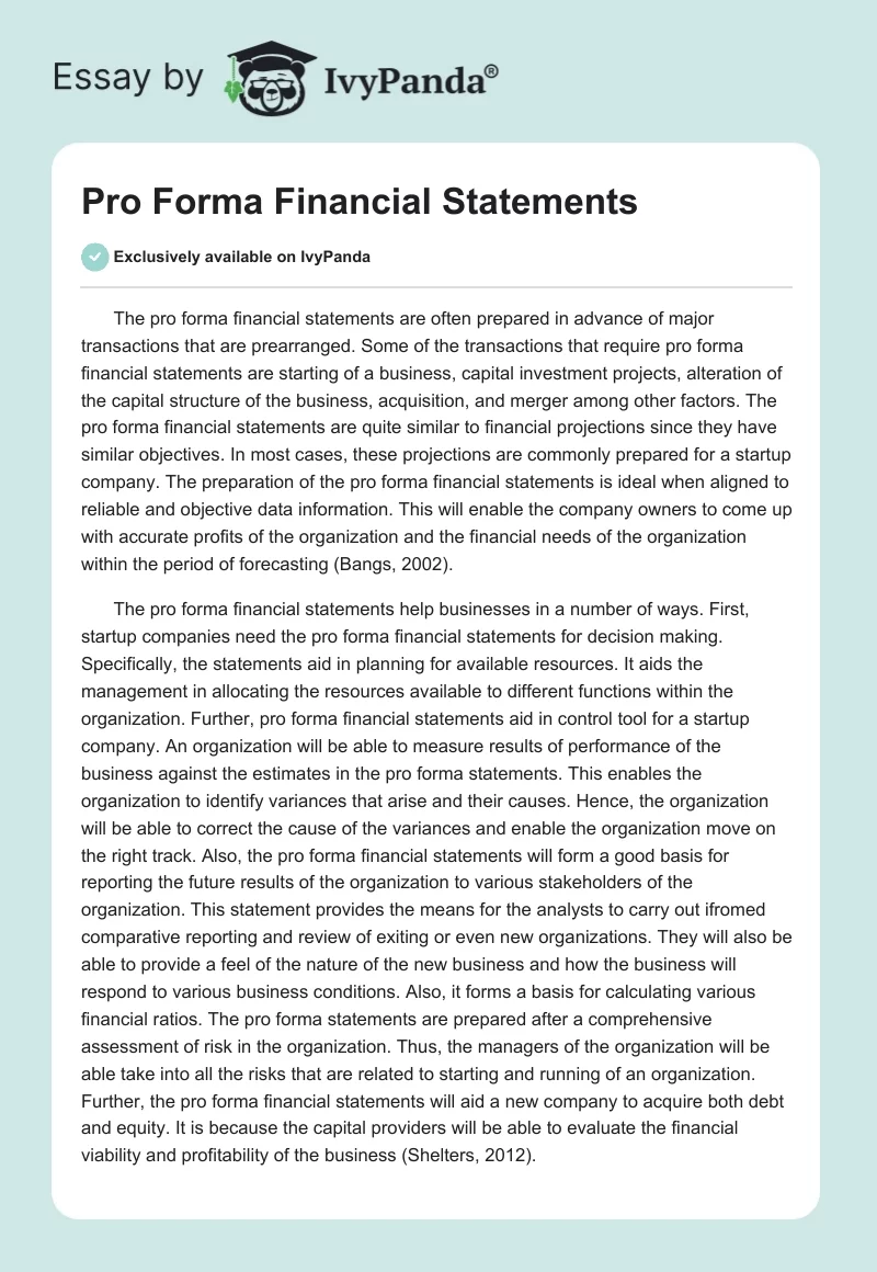 Pro Forma Financial Statements. Page 1