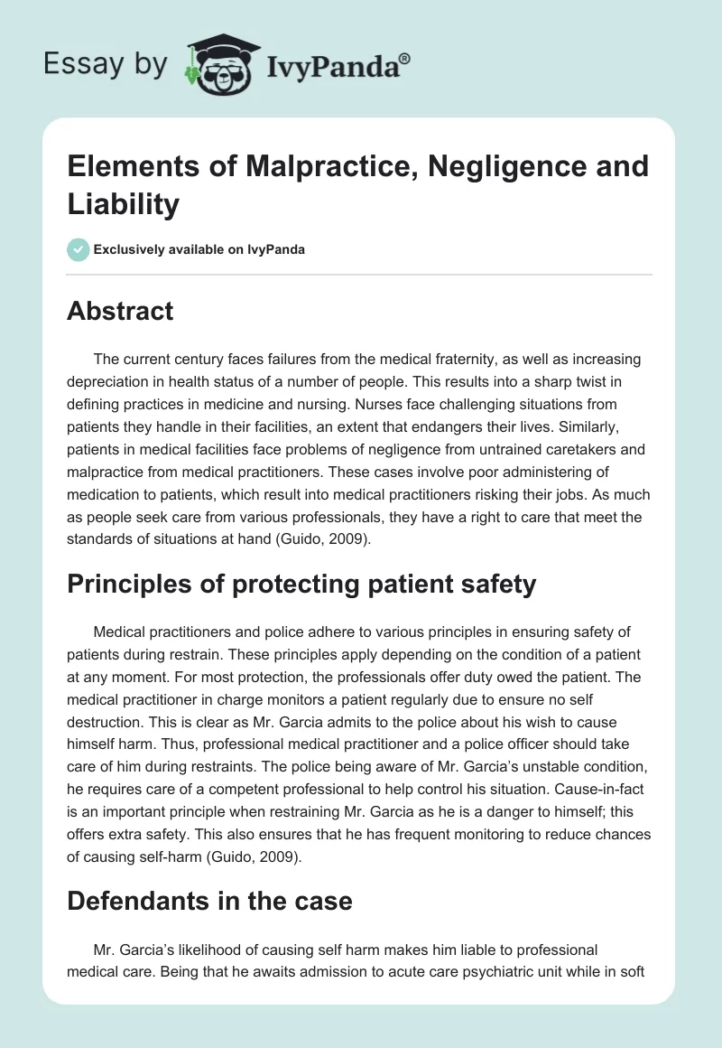 Elements of Malpractice, Negligence and Liability. Page 1