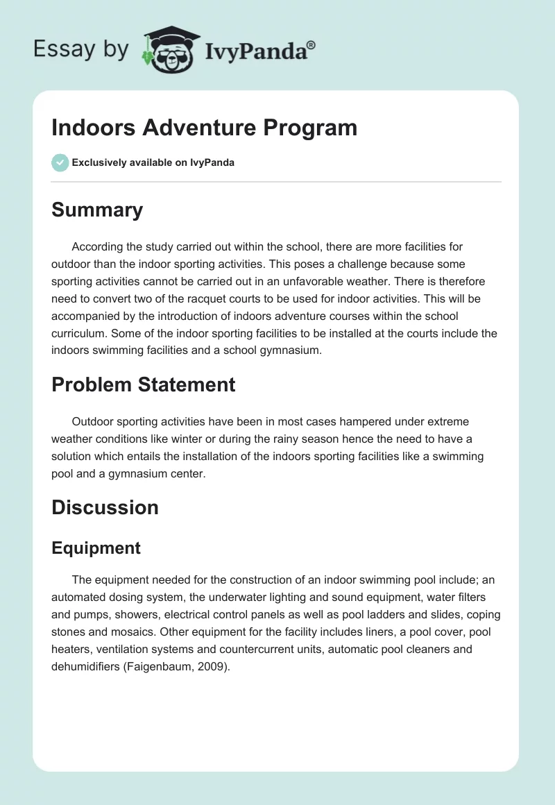 Indoors Adventure Program. Page 1