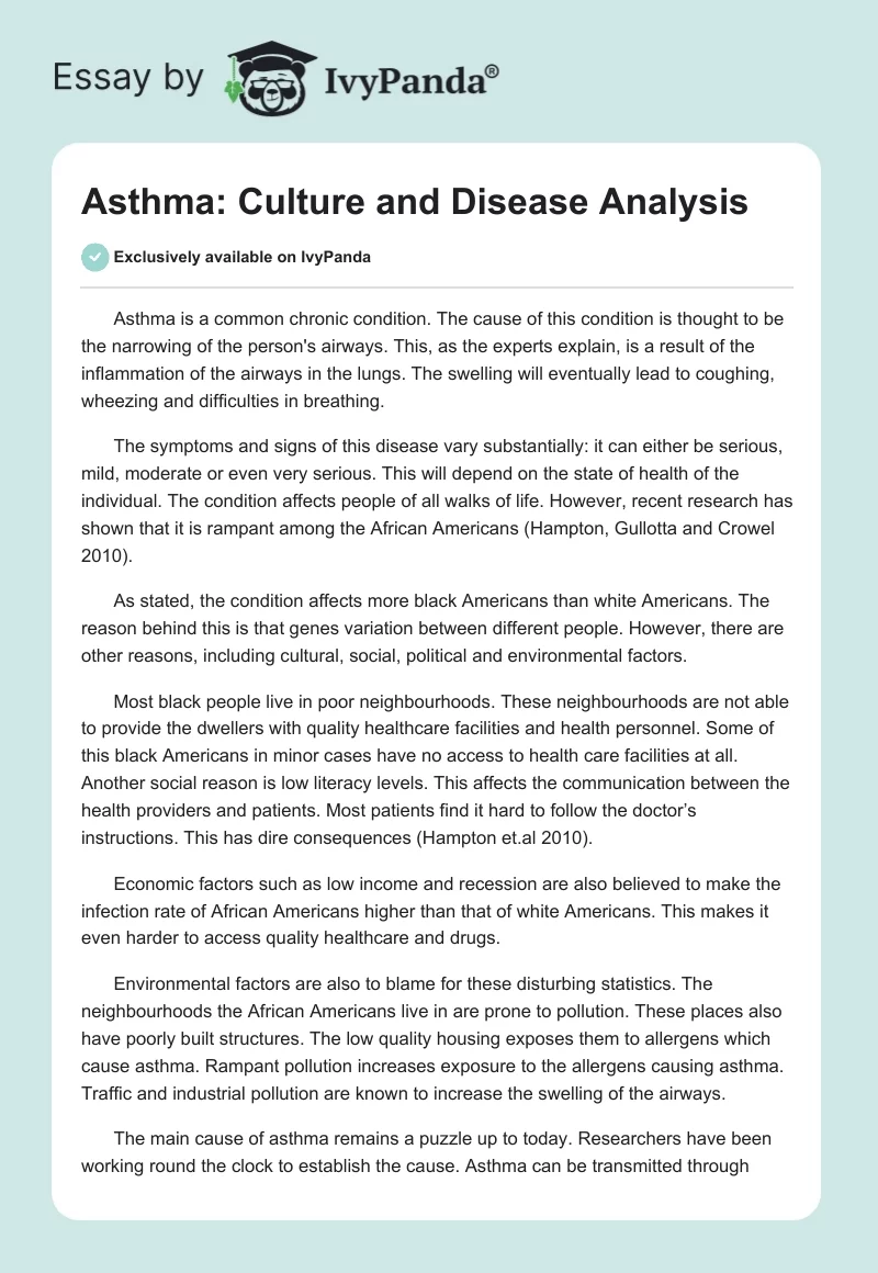 Asthma: Culture and Disease Analysis. Page 1