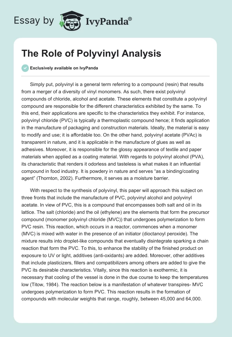 The Role of Polyvinyl Analysis. Page 1