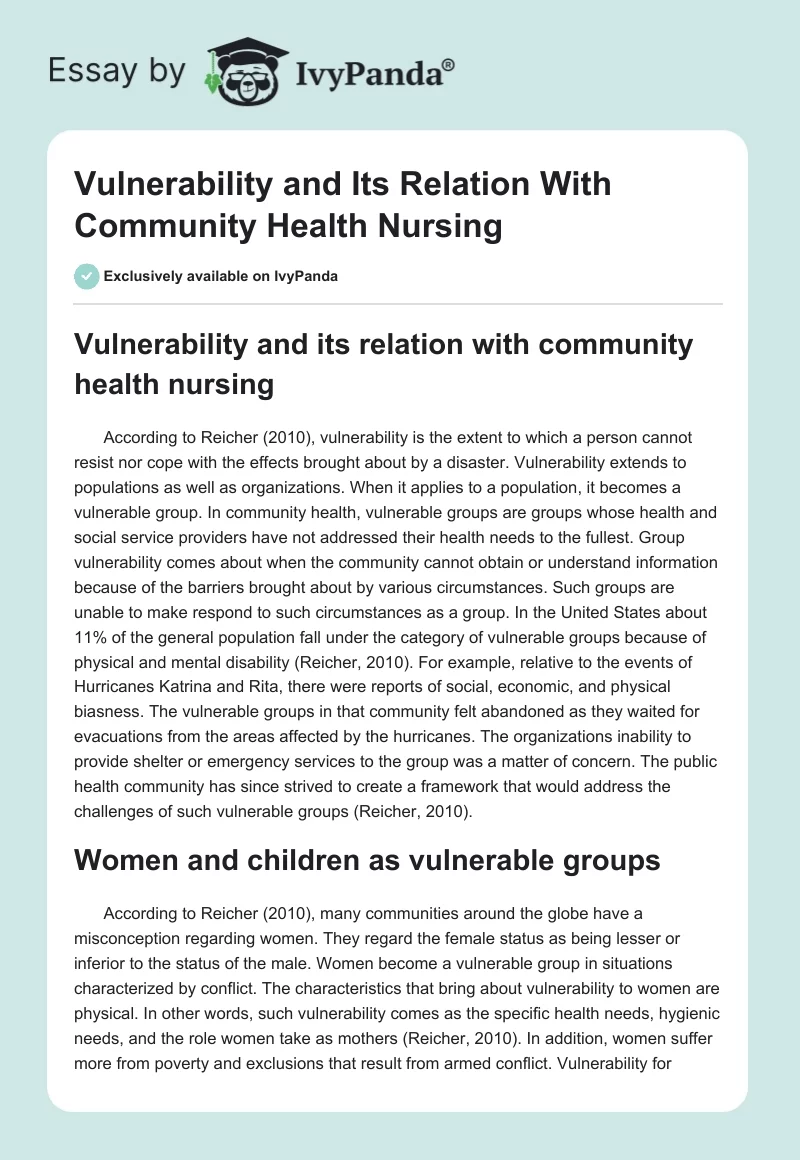 Vulnerability and Its Relation With Community Health Nursing. Page 1
