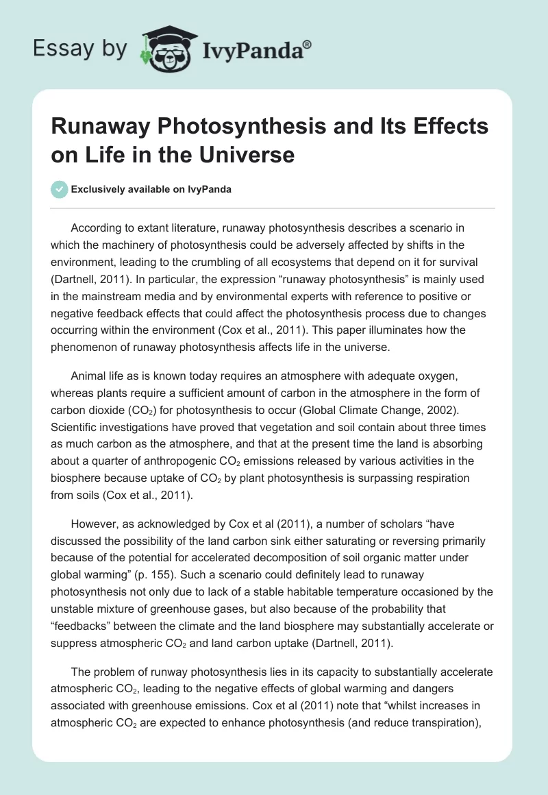 Runaway Photosynthesis and Its Effects on Life in the Universe. Page 1