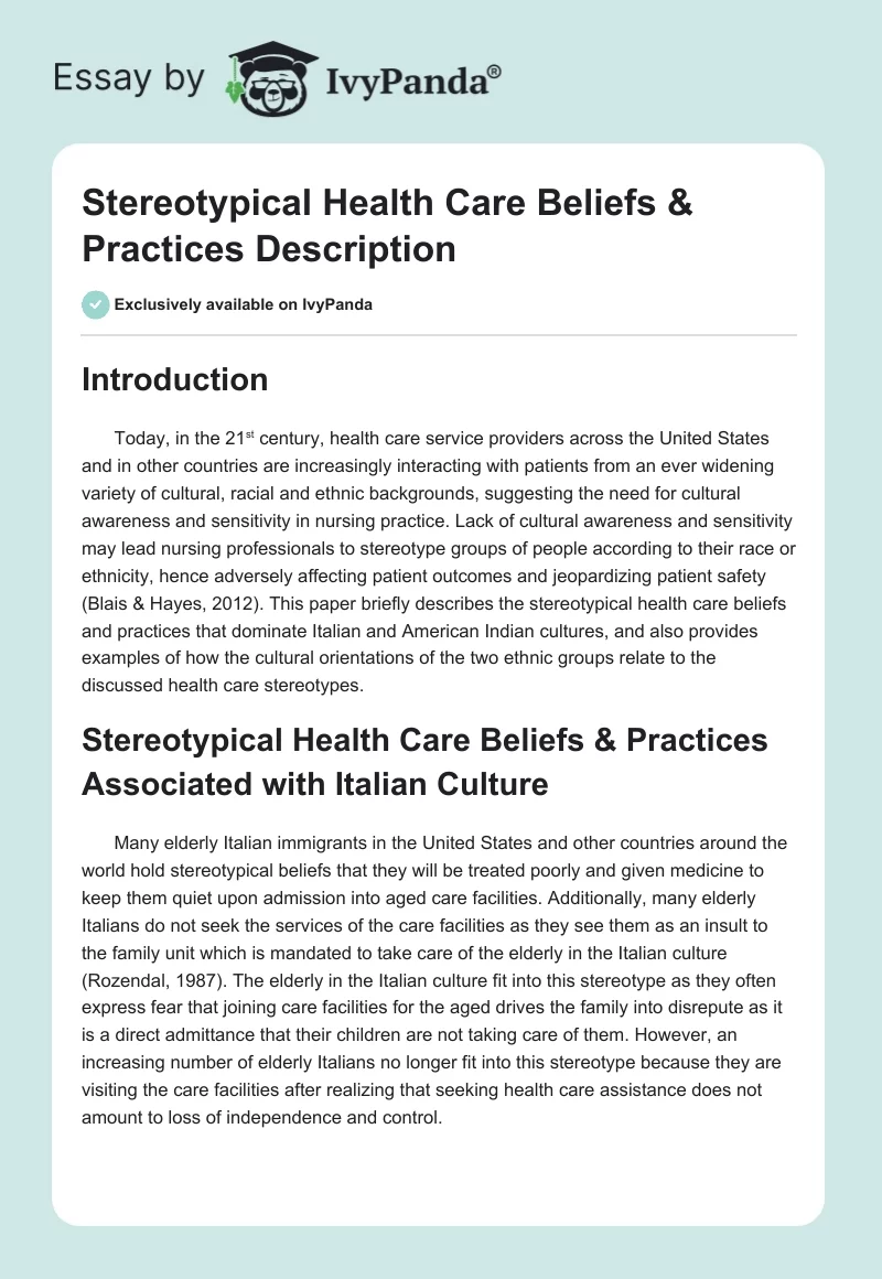 Stereotypical Health Care Beliefs & Practices Description. Page 1