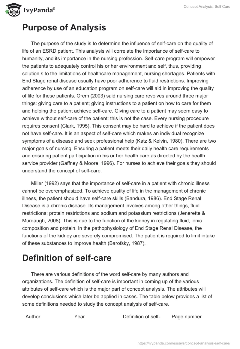 Concept Analysis: Self Care. Page 2