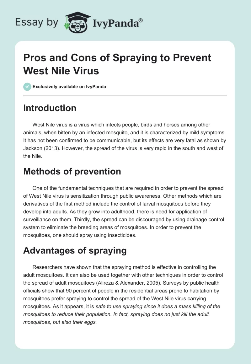 Pros and Cons of Spraying to Prevent West Nile Virus. Page 1