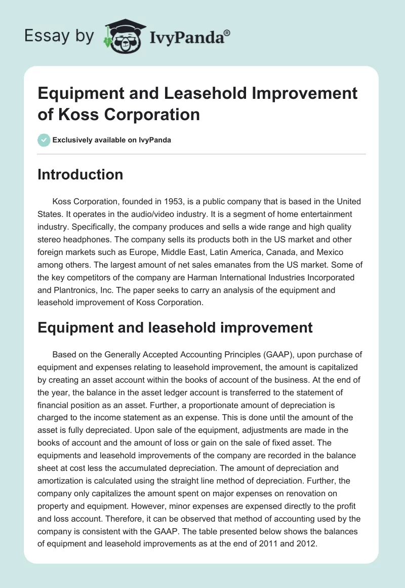 Equipment and Leasehold Improvement of Koss Corporation. Page 1