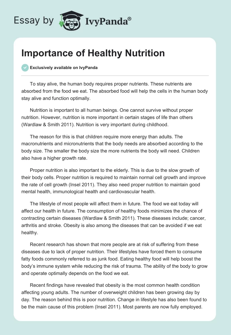 Importance of Healthy Nutrition. Page 1