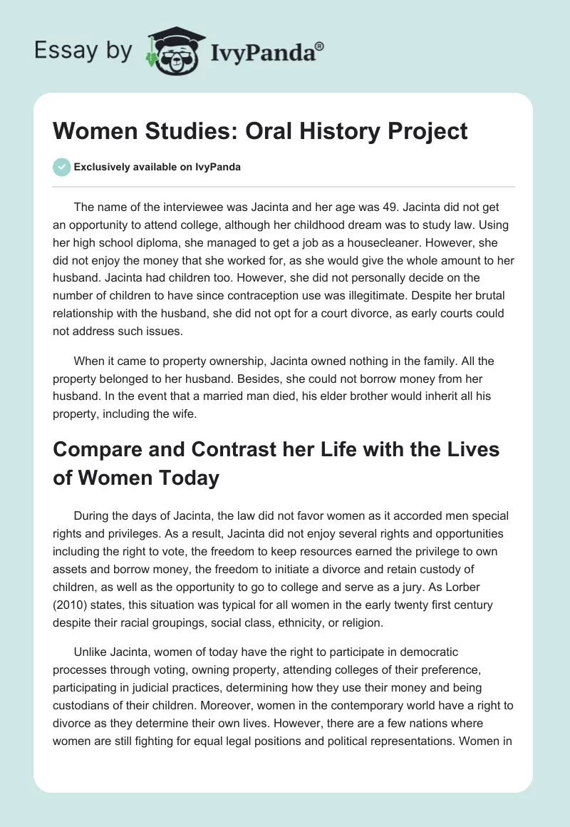 Women Studies: Oral History Project. Page 1
