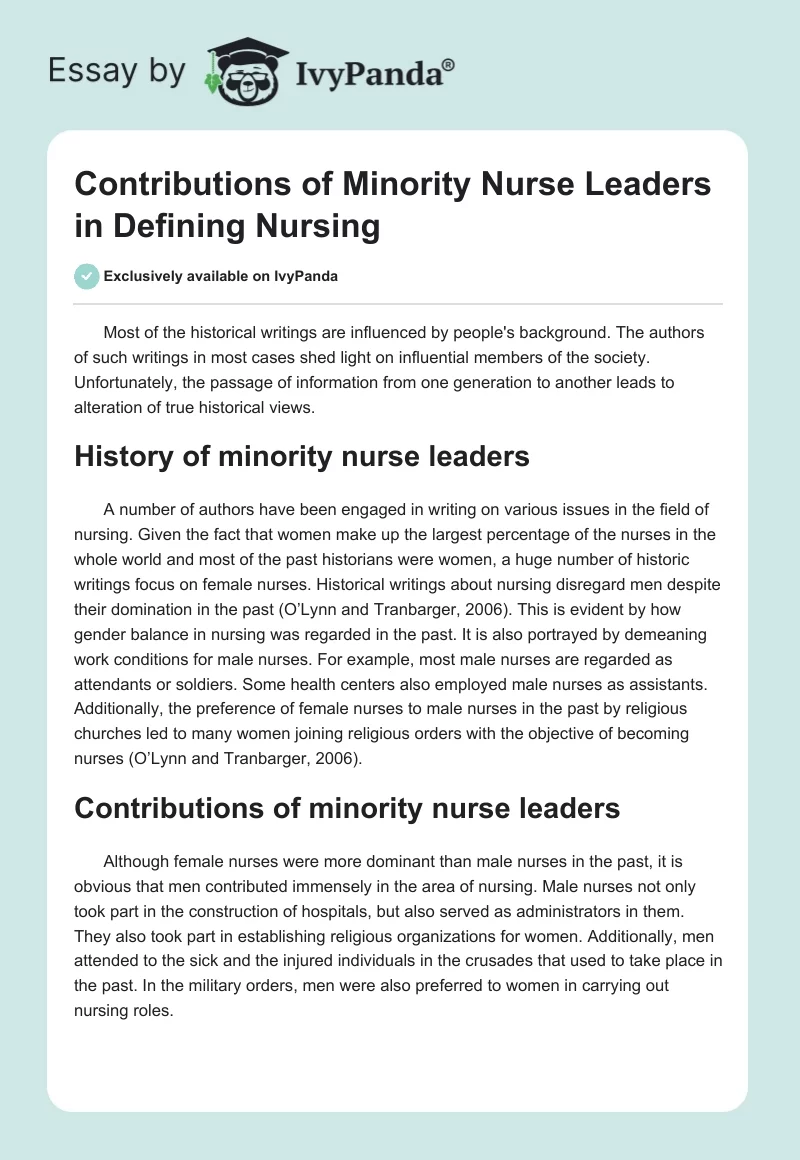 Contributions of Minority Nurse Leaders in Defining Nursing. Page 1