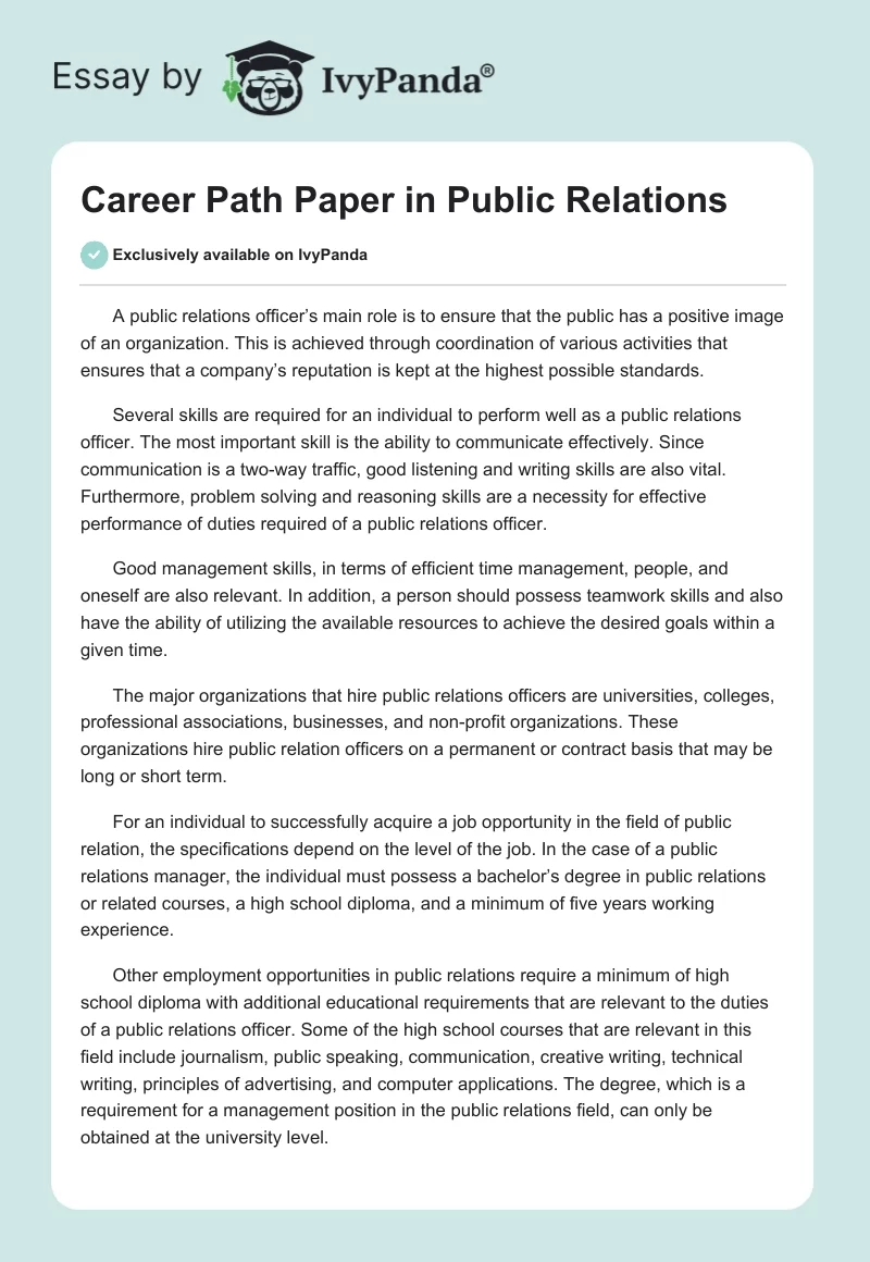 Career Path Paper in Public Relations. Page 1